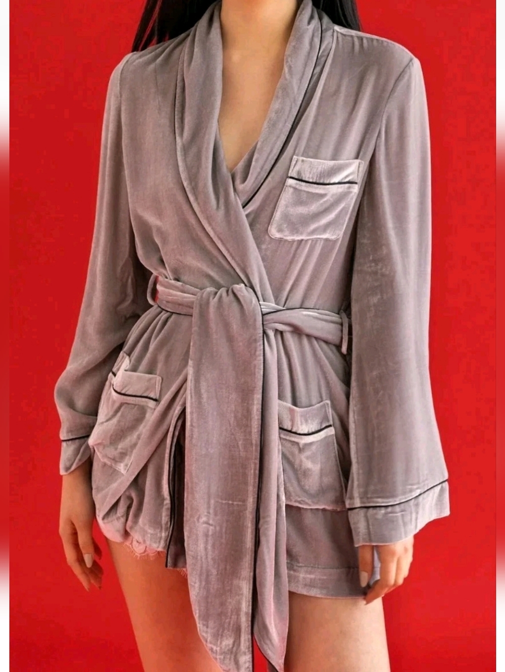 Sleeping With Jacques Bon Viviant Robe Velvet Platinum Black Piping US 2 SILK